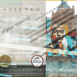 This is a stylized image that has views of buildings and murals in downtown Milwaukee, Wisconsin, in the background. An image of Desmond’s book cover, Evicted, is in the foreground. Superimposed over this are faded images of eviction notices and court records relevant to the book.