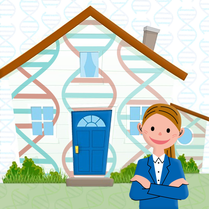 A white woman with light brown hair wearing a blue blazer and white shirt stands in front of a white two-story house on a green lawn. The house is covered in a pattern of a DNA double helix. The background of the image is also a muted blue and purple DNA double helix on a white background.
