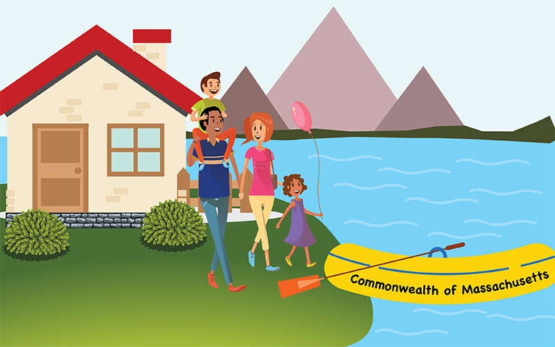 A cartoon family of four stands on a lawn in front of a yellow house with red roof. Beside the lawn is a body of water with mountains in the background. The family is preparing to step onto a yellow inflatable boat labeled “Commonwealth of Massachusetts.”