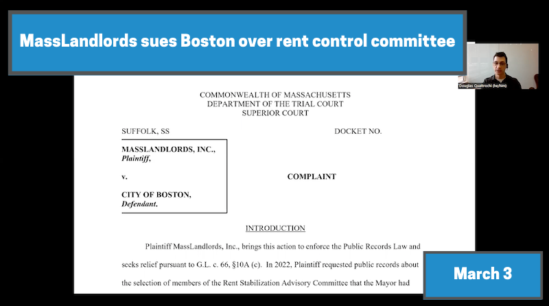 Business update for MassLandlords sues Boston over rent control committee. Update date is March 3rd, 2023. By Doug Quattrochi, Executive Director.