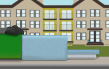 This is a cartoon image of a large apartment complex in the background, with a green Dumpster out front. Several white and blue mattresses are piled on the ground beside the dumpster.