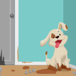 This is a cartoon of a cheerful white puppy dog with mud on its paws sitting in an apartment with blue walls and hardwood floors. The door behind him has a hole in it from chewing, and the trim around the doors is chewed up. Mud is all over the floor.
