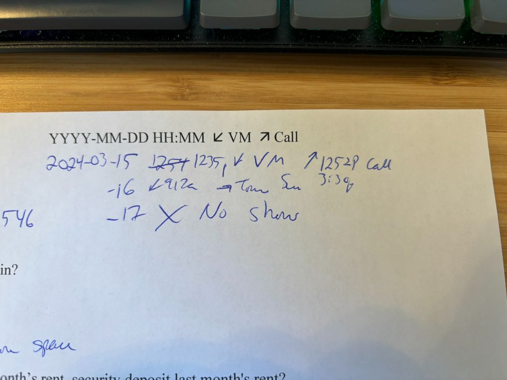 The top right corner of our phone screening form provides a year-month-day format to document calls and voicemails. This form has handwriting indicating two calls and two voicemails were left over a two-day period, followed by a no-show for an in-person appointment.