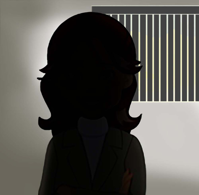 A cartoon of a woman from the chest up in shadow silhouette, in front of a beige wall with dark slatted mini blinds.
