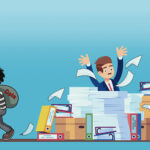 a cartoon of a businessman sitting behind a desk piled high with files and papers. His hands are in the air, and papers are flying around. Meanwhile, a robber with a bag labeled “data” sneaks away.