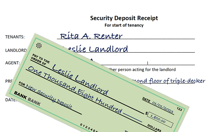 This is a composite image of part of the MassLandlords security deposit receipt form, filled out for the fictional Rita Renter to Leslie Landlord. On top of the form, obscuring most of it, is a generic green check written out to Leslie Landlord for $1800. The memo line reads “new security deposit.”