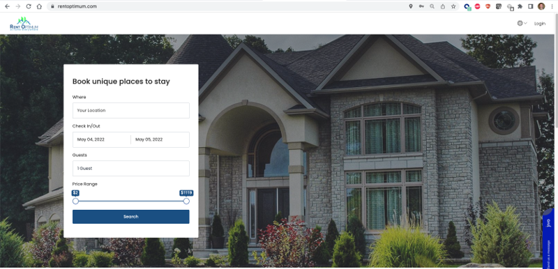 The RentOptimum landing page invites you to book unique places to stay.