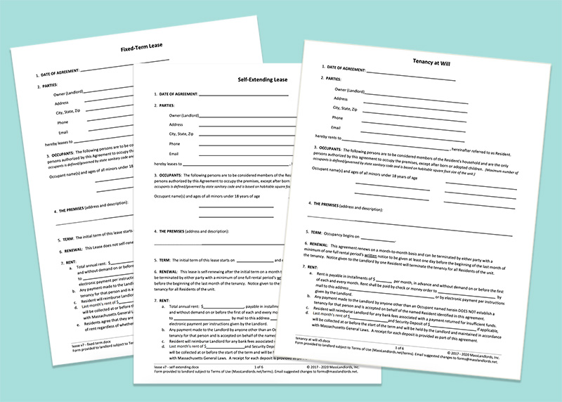 This is an image showing three different types of blank rental agreement forms overlapping each other against a solid blue background.