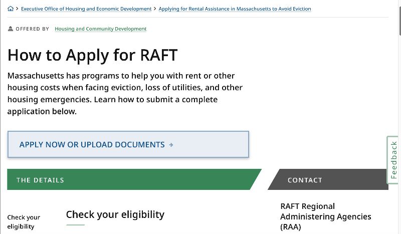 screen shot of the introductory page for applying for rental assistance in Massachusetts; with headline, “How to Apply for RAFT,” and small print instructions following.