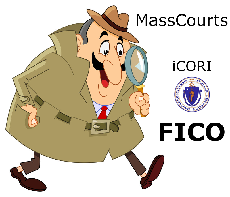 a different detective in cloth trenchcoat stands in front of logos for MassCourts, iCORI and FICO