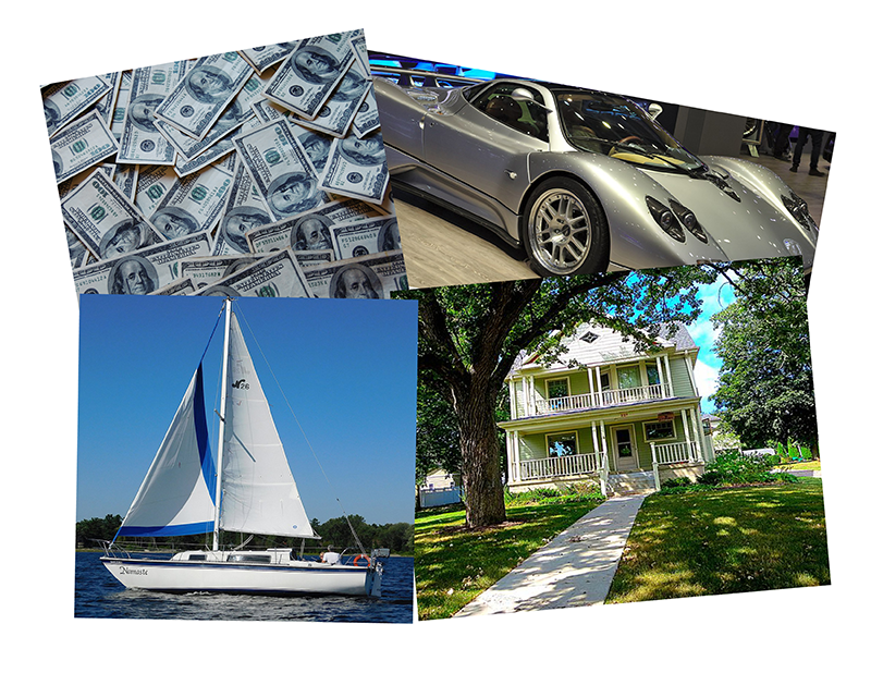 a picture collage of four images: one of a pile of cash, one of an expensive sports car, one of a sailboat on the water, and one of a two-story house with a grassy yard.