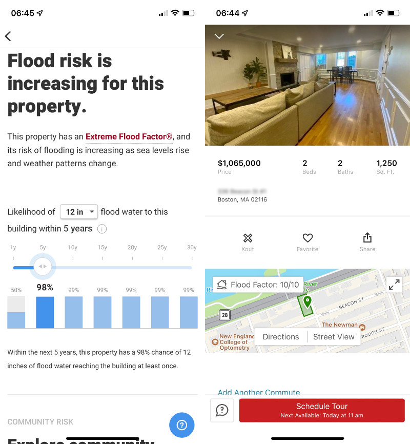 Screenshot of Redfin home search app. It reads: “Flood risk is increasing for this property This property has an Extreme Flood Factor and its risk of flooding is increasing as sea levels rise and weather patterns change. Likelihood of 12 inches of flood water to this building within 5 years: 98%.