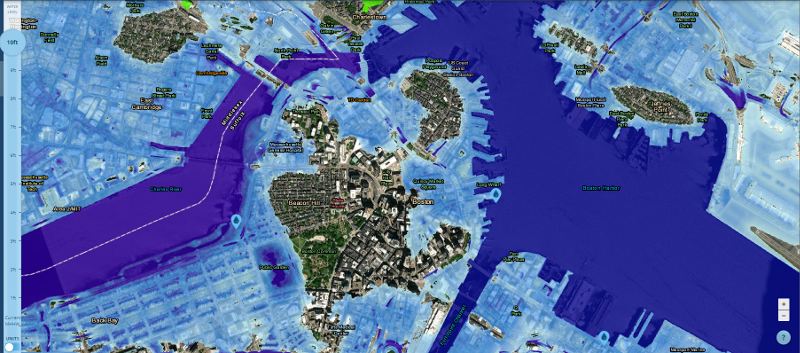 Water levels completely submerge most of Cambridge, all of Back Bay Boston, two-thirds of Eastie and the Seaport.