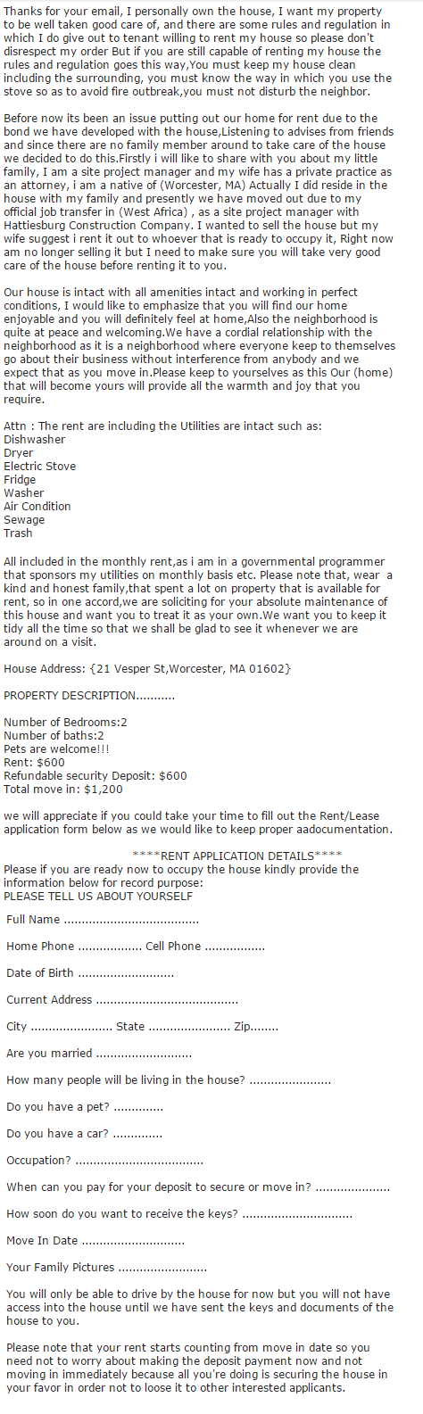 Sample Craigslist Rental Scam Email