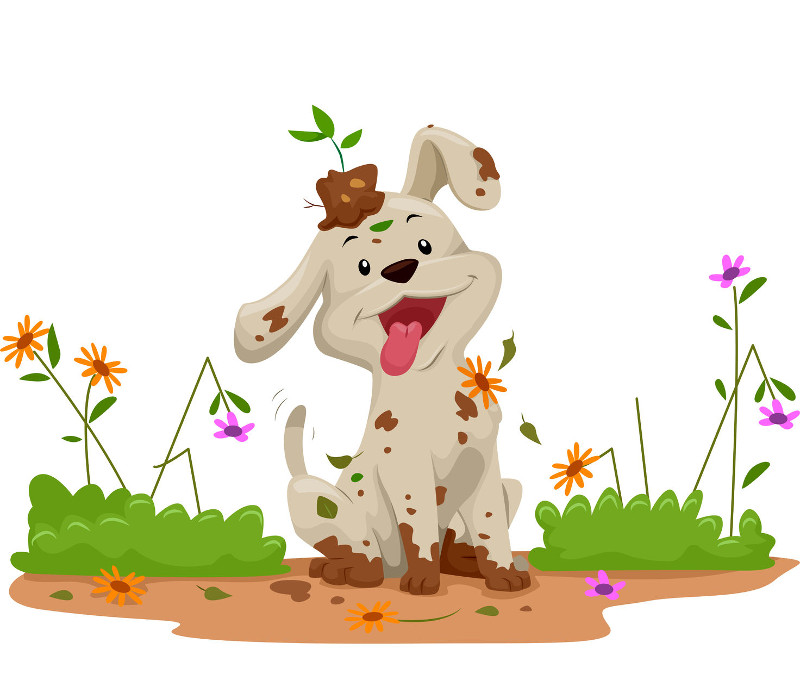 A dirty puppy is sitting in a garden surrounded by flowers they have trampled. A piece of dirt and grass is stuck to the puppy's head. The puppy looks happy with its tongue hanging out. Licensed 123rf.