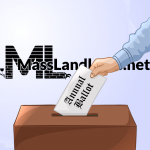 A cartoon of a ballot box with a narrow slot on top, and an Annual Ballot being inserted into the slot by hand. The MassLandlords logo is visible in the background with tulip, brick foundation, and blade of grass. Licensed 123rf 61058618_s – Derivative work.