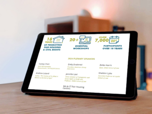 An iPad sits on a desk showing the Fair Housing and Civil Rights Conference 2024 homepage. 18 years of promoting fair housing and civil rights. 20+ essential workshops. Over 7,000 participants over 18 years.