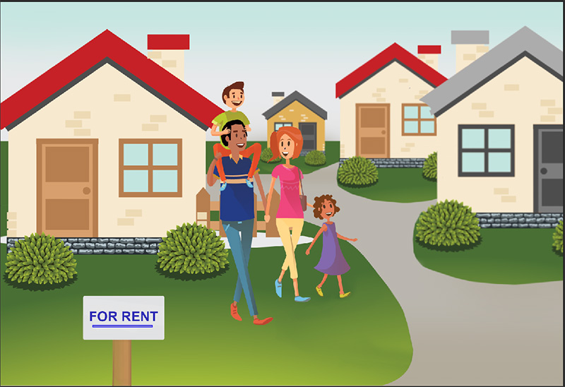 A cartoon drawing of a diverse heterosexual couple with two children walks away from a single-story white house with a "for rent" sign on the lawn in front of it. Other homes are visible, depicting a quiet neighborhood.