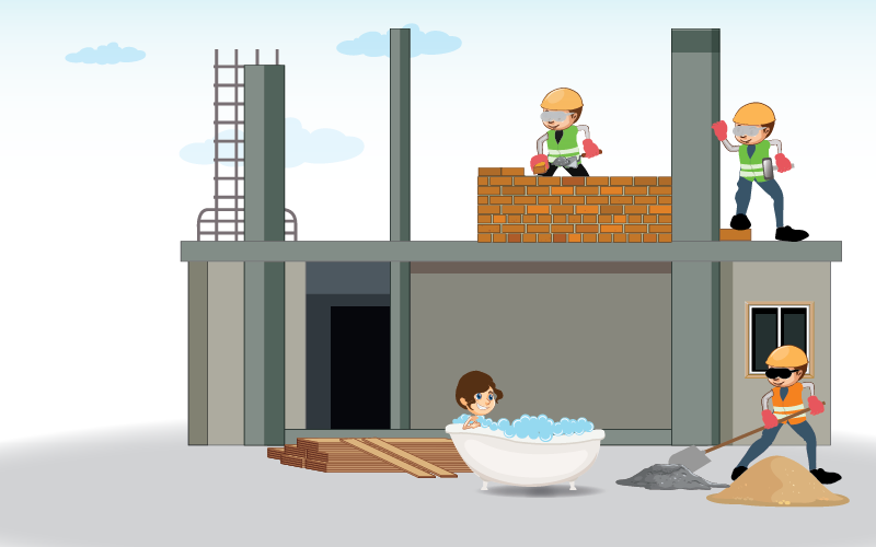 In the middle of a construction site featuring general chaos (bricks being laid on bare steel, a riveter hammering nothing, and a shoveler moving a pile of ash) a landlord takes a bubble bath.