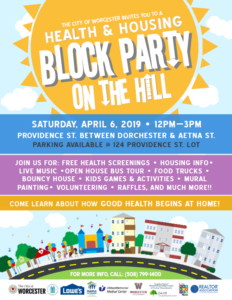 poster for worcester health and housing block party on the hill