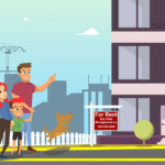 A family consisting of a husband, wife and young son, along with their dog, stand on a sidewalk next to a multi-story residential building which is cut off at the edge of the image. A cityscape with construction is in the background. A red sign in front of the building reads “For Rent, Bay State Management Co., 508-555-5555.”