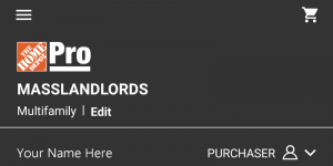 screenshot of the home depot pro xtra app showing your name