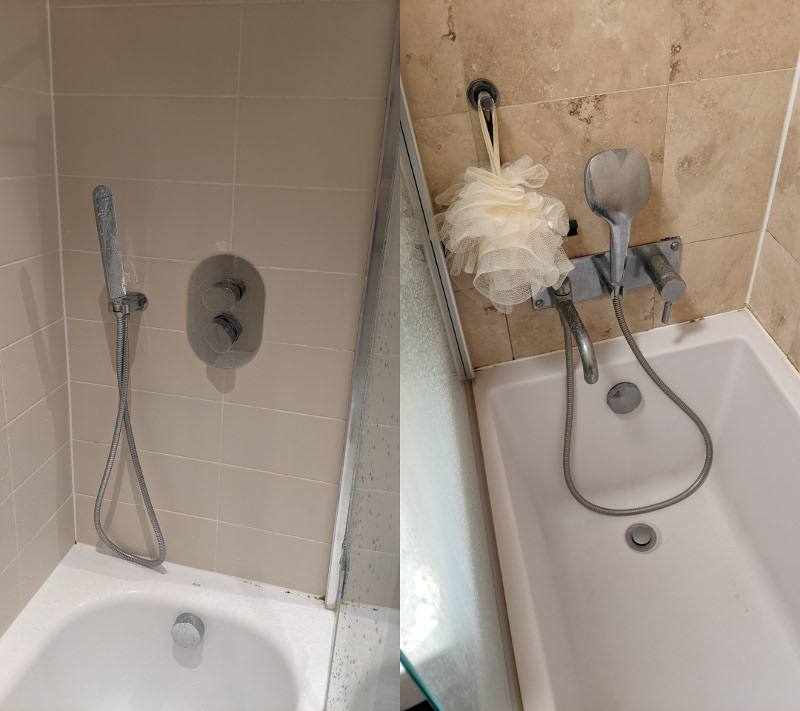 In addition to the shower head, a separate sprayer attachment sits near the taps or faucets to be picked up and wielded.