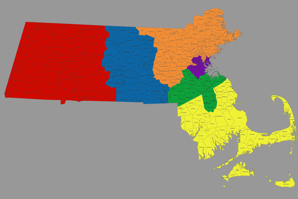 A map of Massachusetts showing towns and cities highlighted by their Housing Court region.