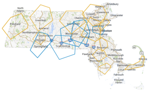 Map showing local landlord associations in Massachusetts. Blue are MassLandlords members.