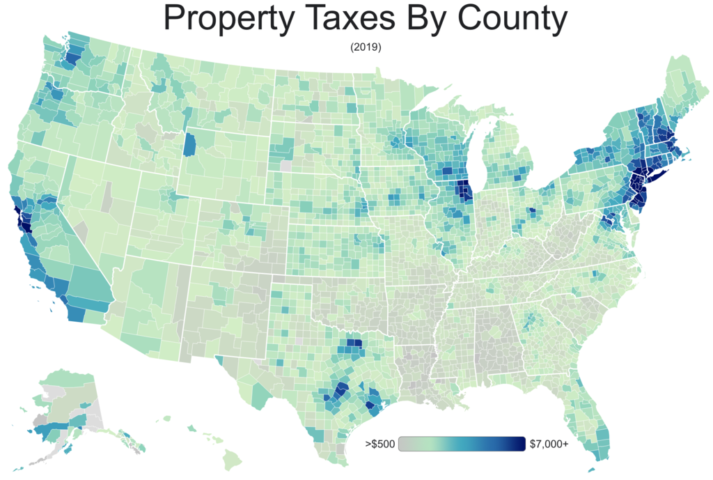 Map of the United States color coded to illustrate amounts of property tax paid in each county across the nation.
