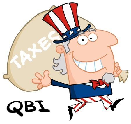 uncle sam carries a bag labeled taxes as the qualified business income deduction acronym remains on the floor behind