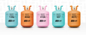 a photo of five different colored chemical tanks labeled with refrigerant names like 404A, 410A, 407C and 134A.