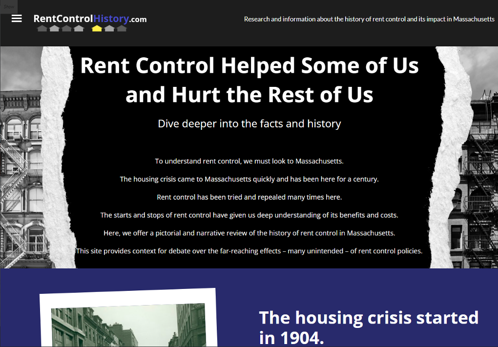 The home page for RentControlHistory.com reads 'Rent control helped some of us and hurt the rest of us. Dive deeper into the facts and history.