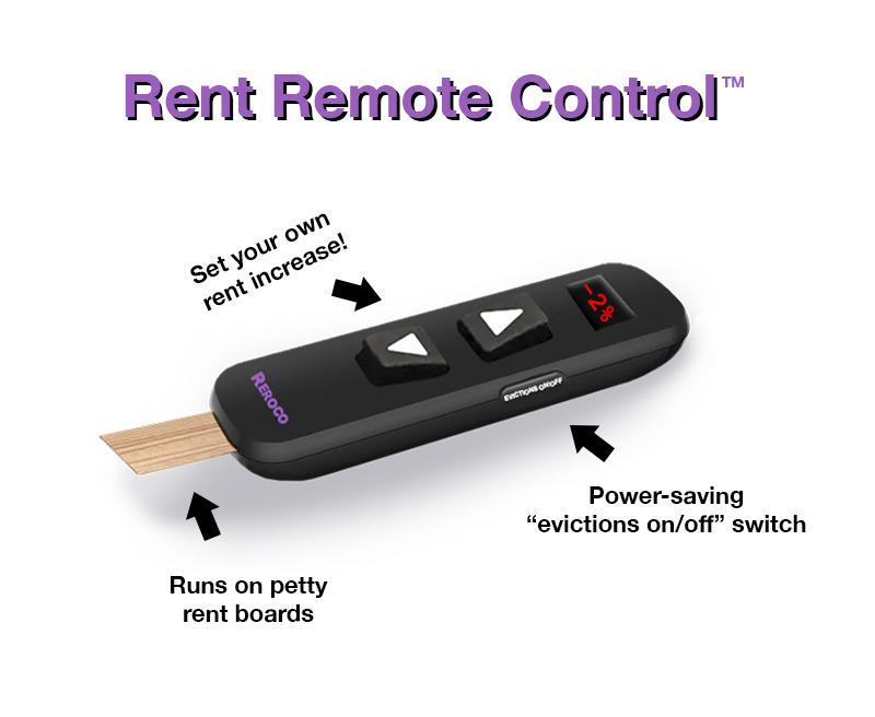 Set your own rent increase by pressing up or down buttons. Runs on petty rent boards inserted in the bottom. Features a power-saving evictions on/off switch.