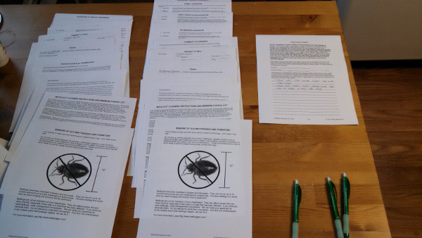 What it looks like to print out two copies of all our forms, submitted by a landlord preparing to rent their apartment. These forms can be customized to suit or used nearly as-is (anywhere you should change something we highlight it.)