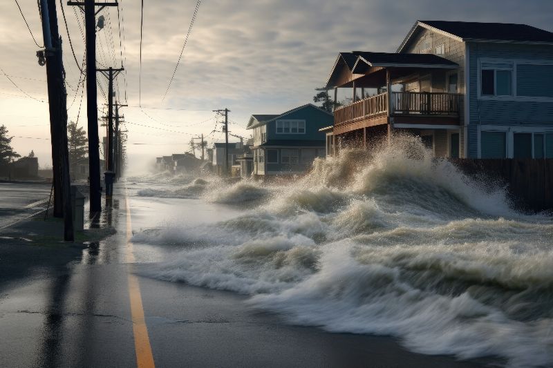 photo of several large seaside homes with ocean waves crashing around them and spilling over the street.