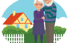 This is a cartoon drawing of an elderly man and woman with white hair embracing in front of a white picket fence with yellow house in the background.