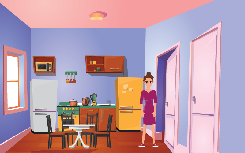 A woman in sneakers enjoys her shared kitchen in a rooming house, with two clean fridges and a shared table, stove and tea kettle.